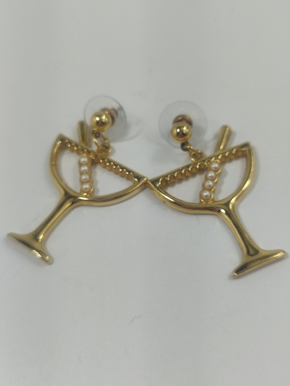 Vintage Avon Martini Glass Earrings Gold Tone Faux Pearl Cocktail Dangle